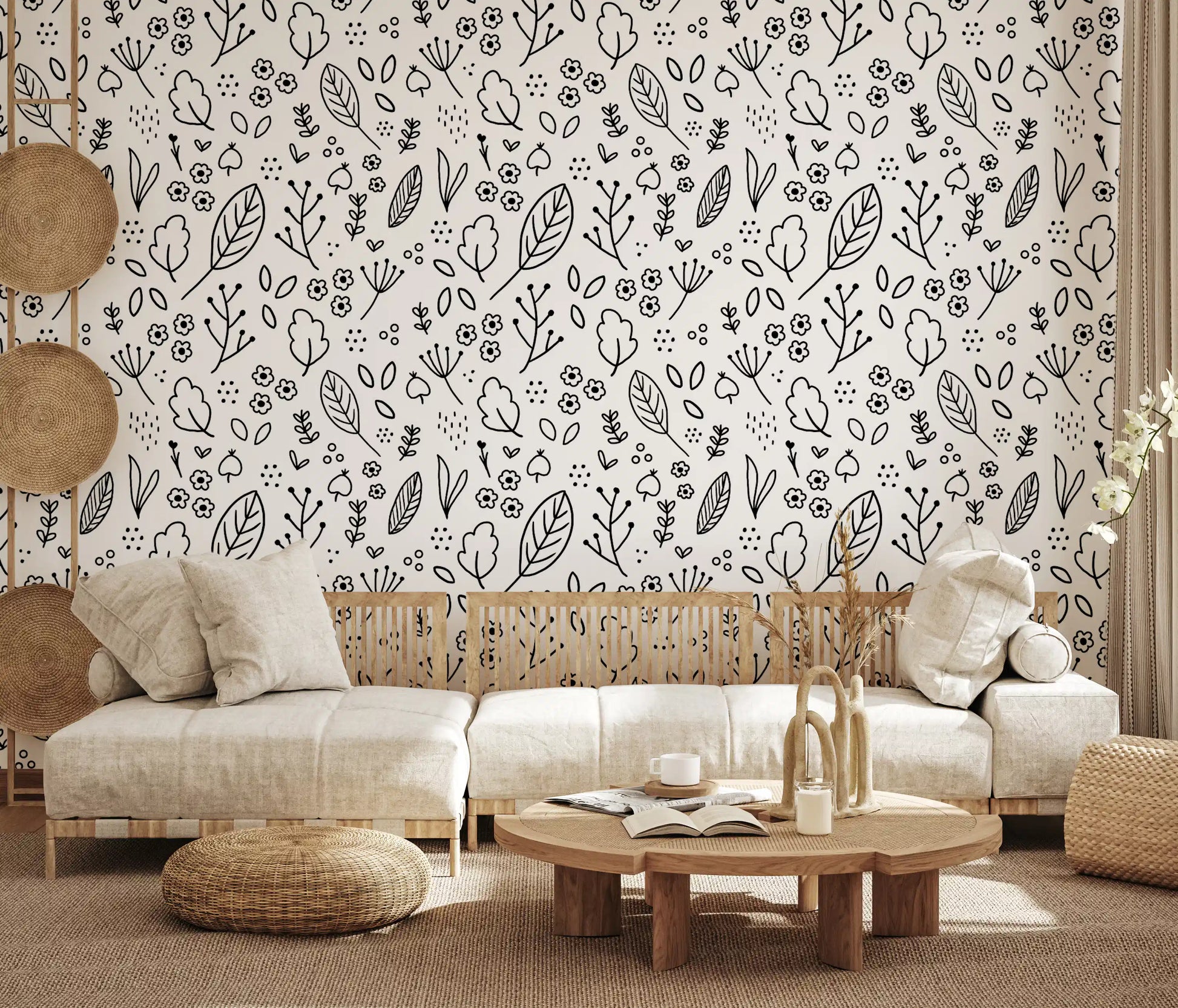 Black line art botanical doodle wallpaper on white background with dot clusters and heart accents., GD10088