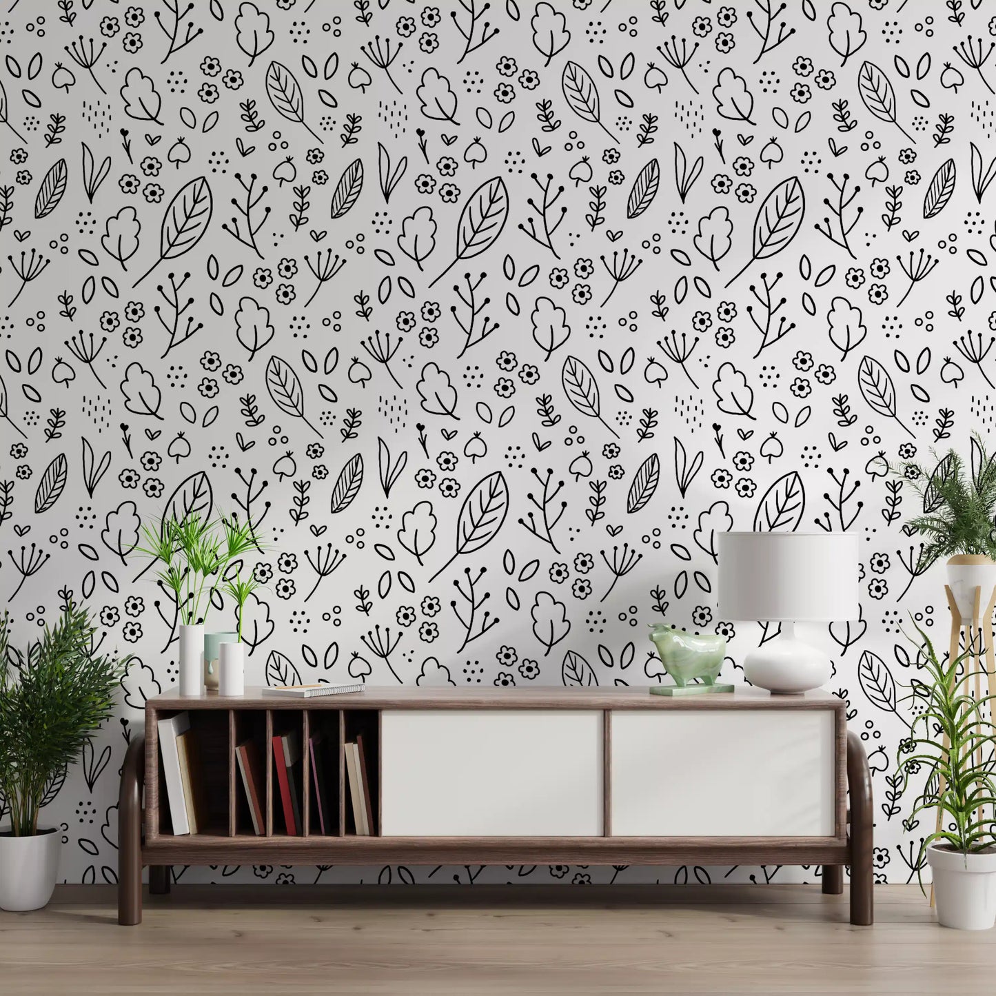Black and white hand-drawn botanical doodle wallpaper with scattered leaves and small flowers., GD10088