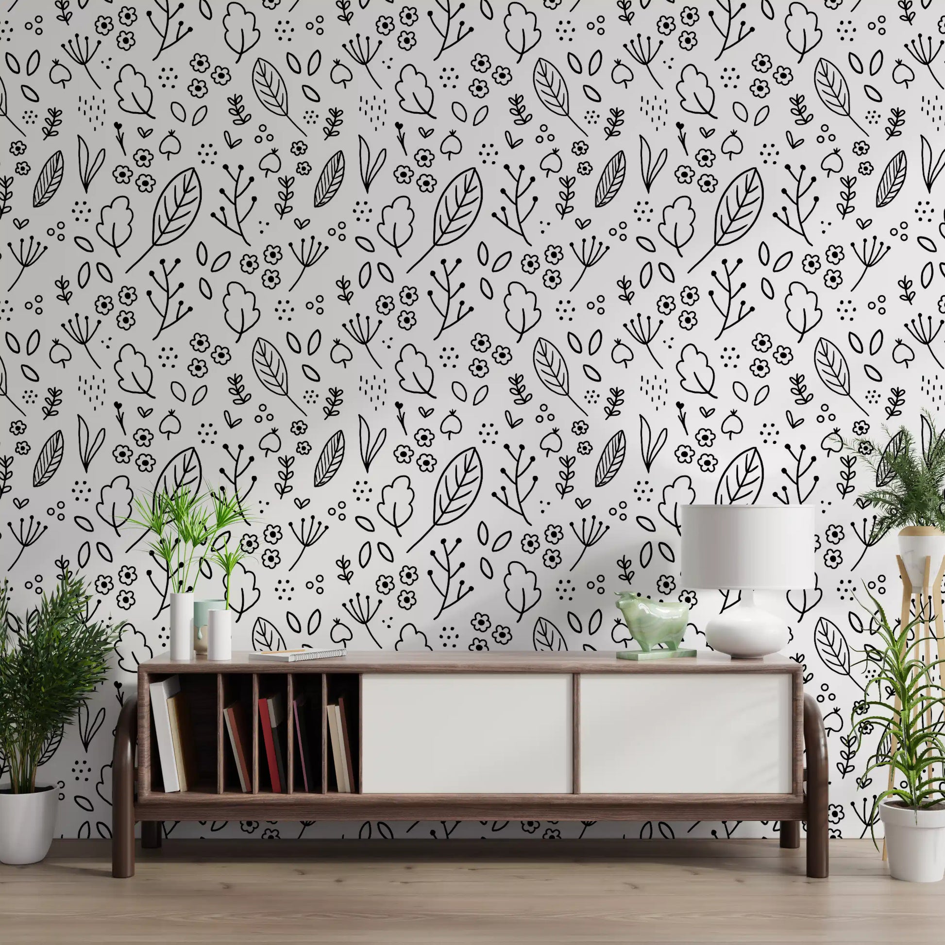 Black and white hand-drawn botanical doodle wallpaper with scattered leaves and small flowers., GD10088
