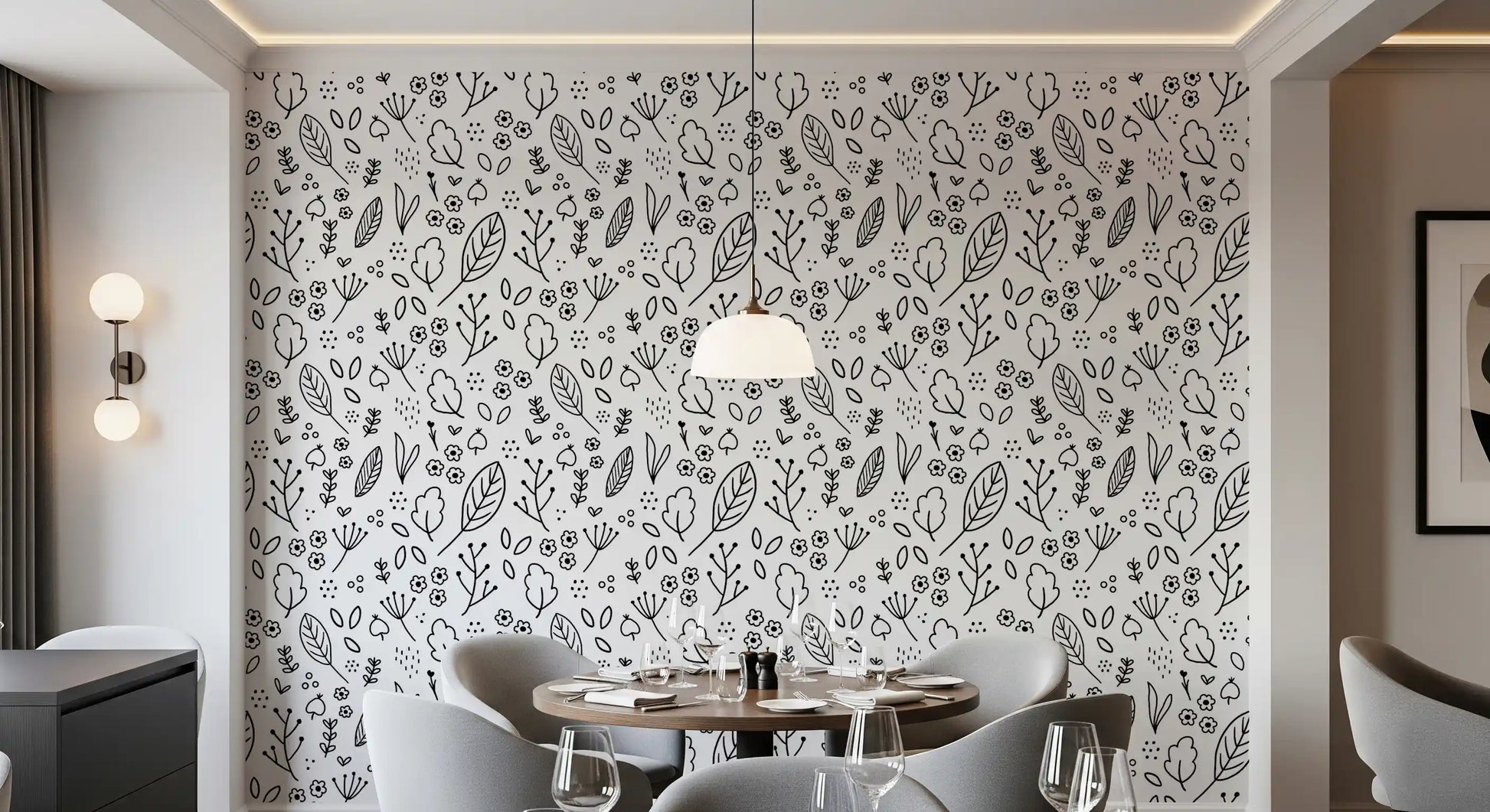 Dining rom wall covered with monochrome leaves and flowers doodle wallpaper., GD10088