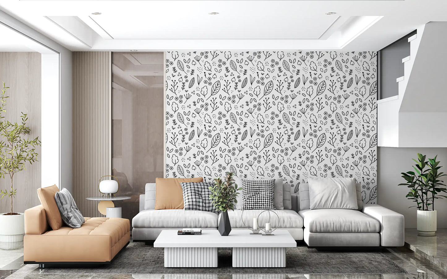 Living area wall with black and white scattered botanical doodle wallpaper., GD10088