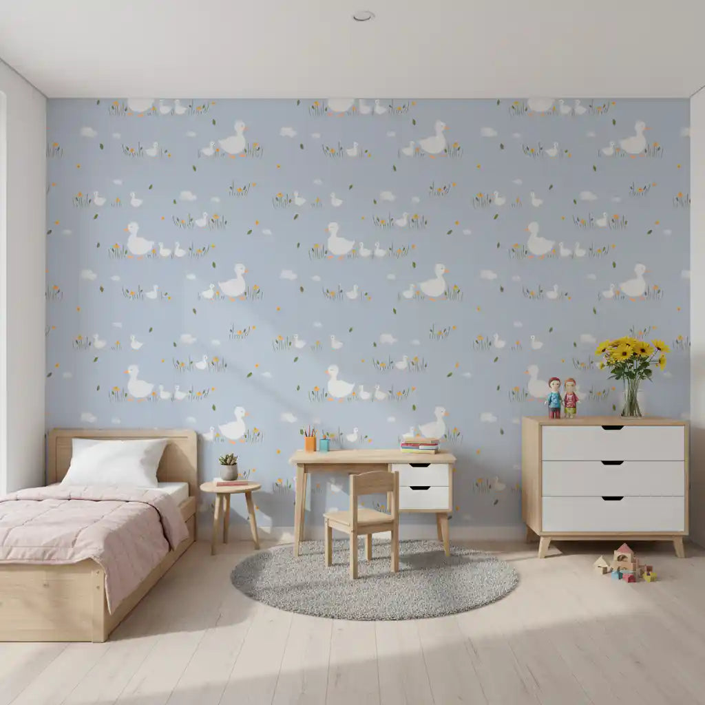 Family of ducks with clouds and meadow flowers on blue wallpaper.