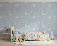 Cute baby duck pattern wallpaper with green grass tufts and tiny flowers