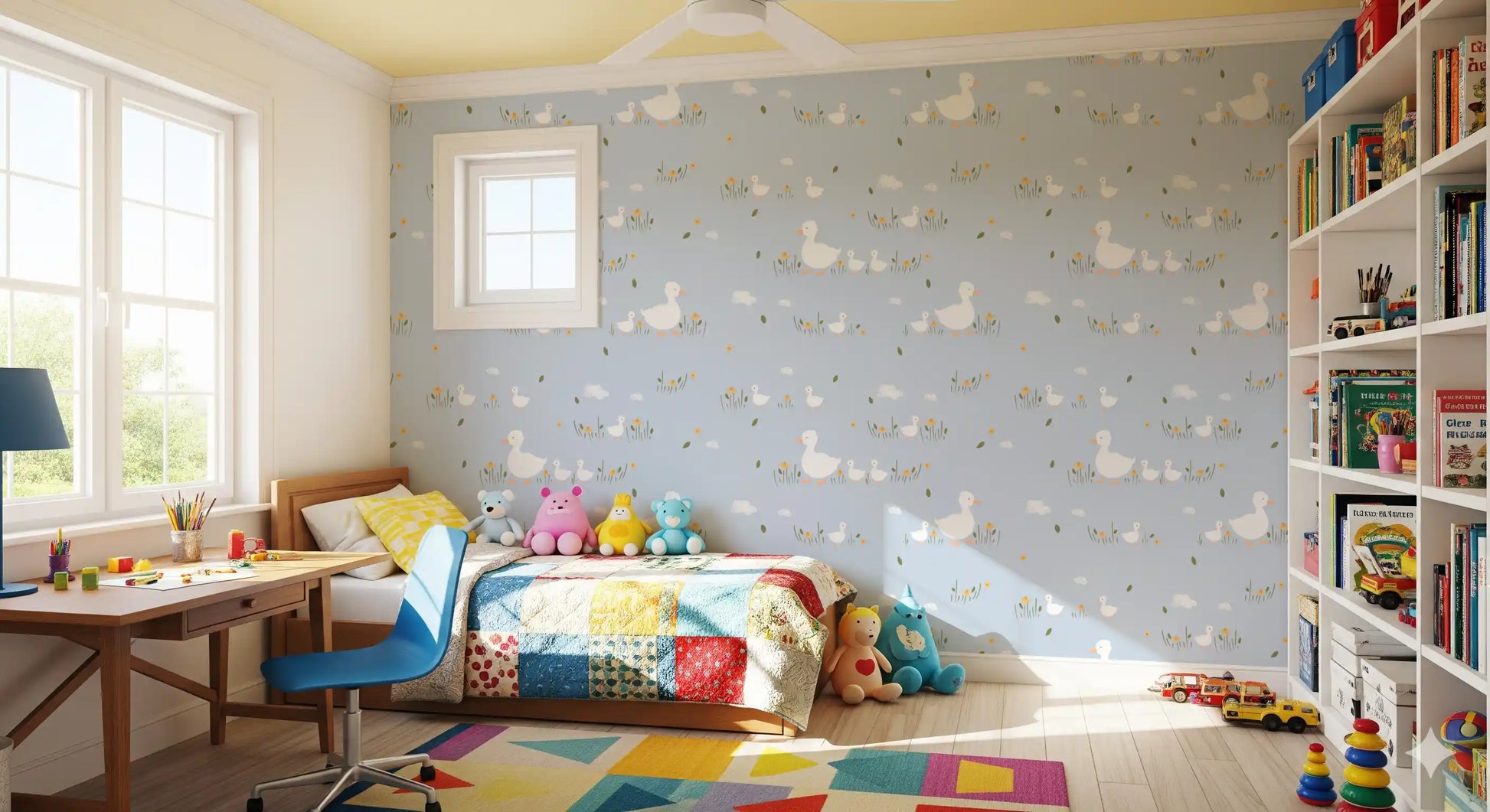 Soft blue baby duck wallpaper with scattered yellow blooms in kids bedroom.