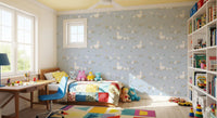 Soft blue baby duck wallpaper with scattered yellow blooms in kids bedroom.