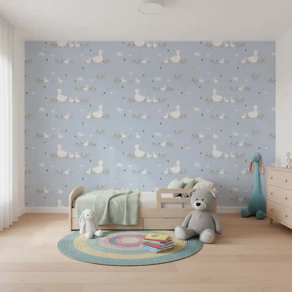 Pastel duckling wallpaper styled across a toddler room.