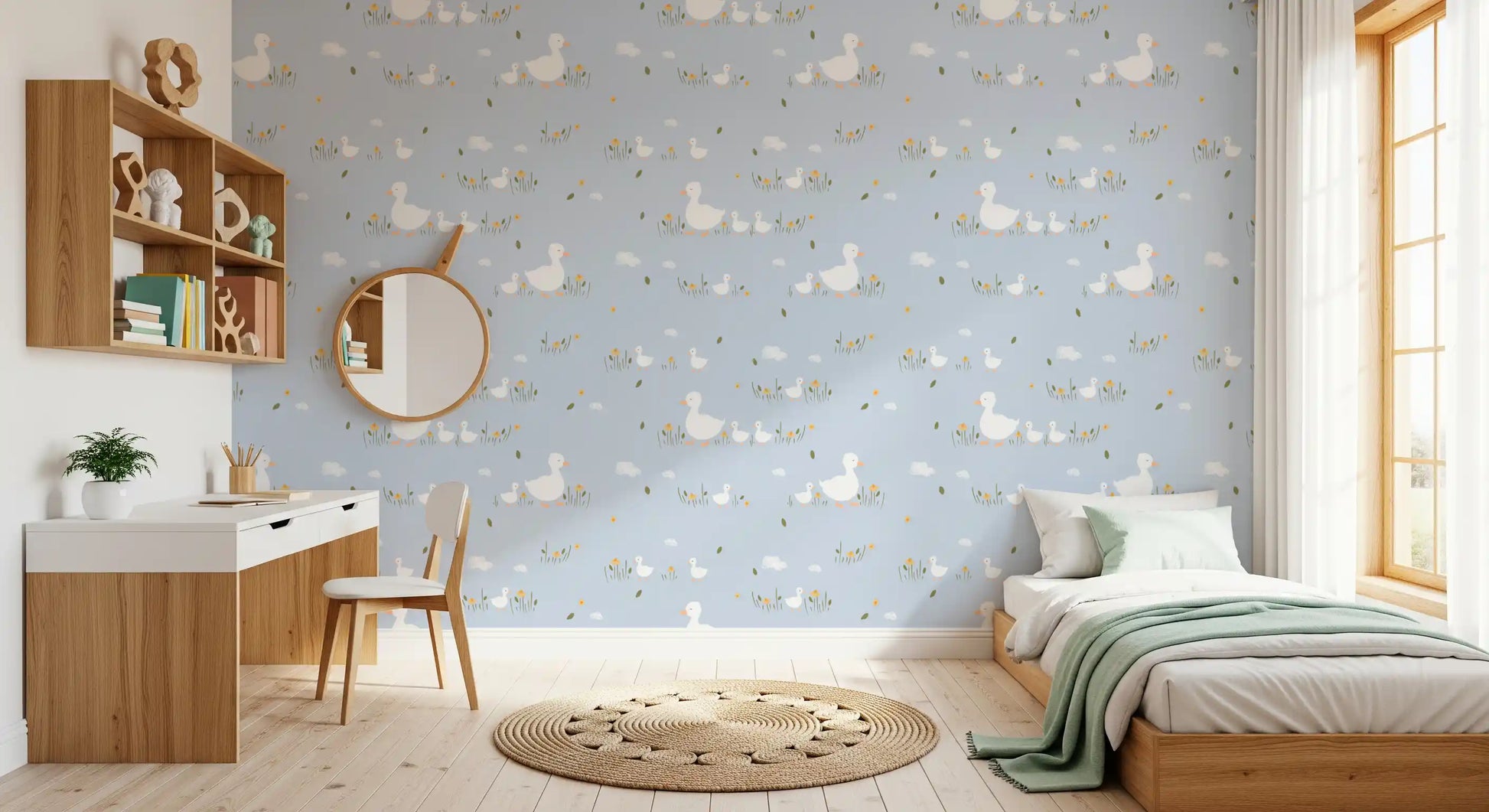 Gender-neutral duckling pattern wallpaper with grass and yellow florals.