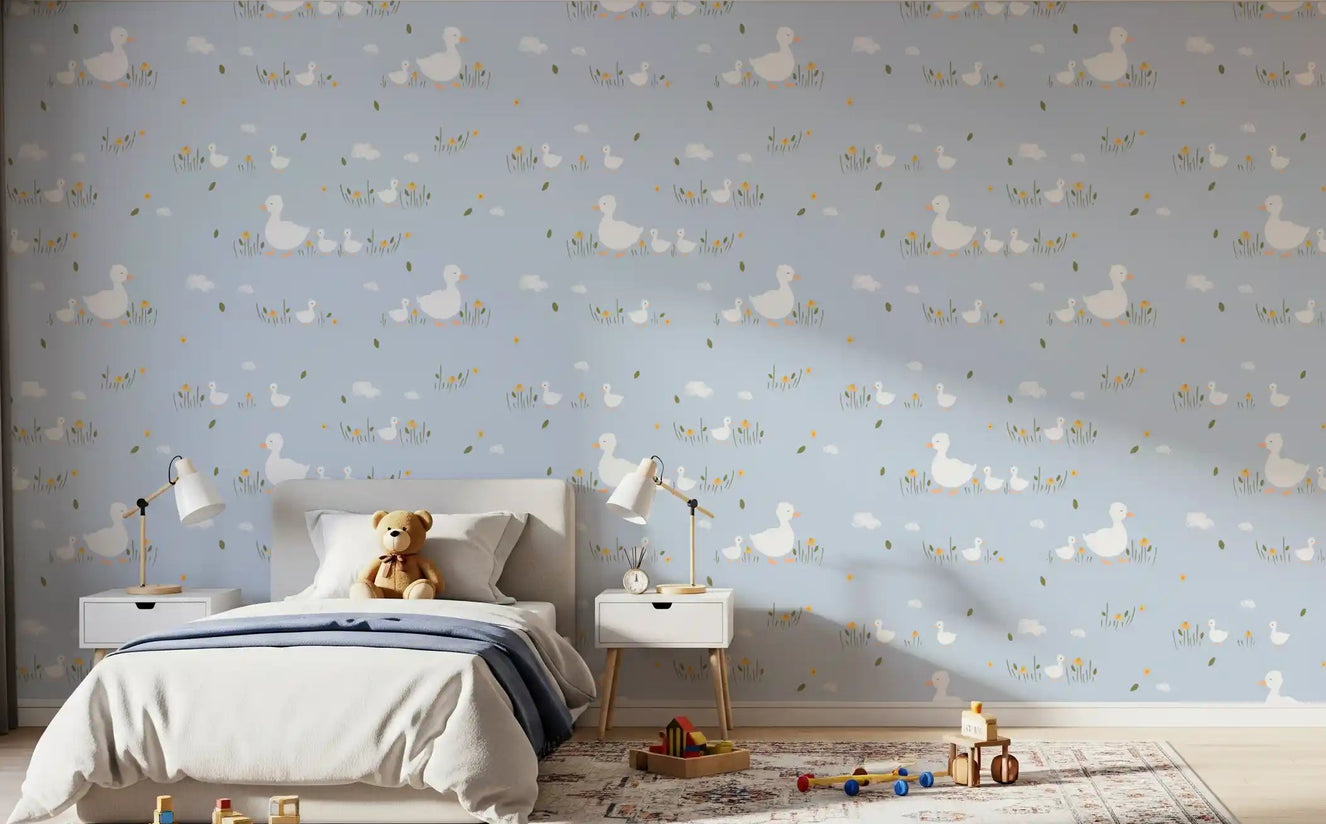 Playful duckling wallpaper with cloud and flowers in children's bedroom.