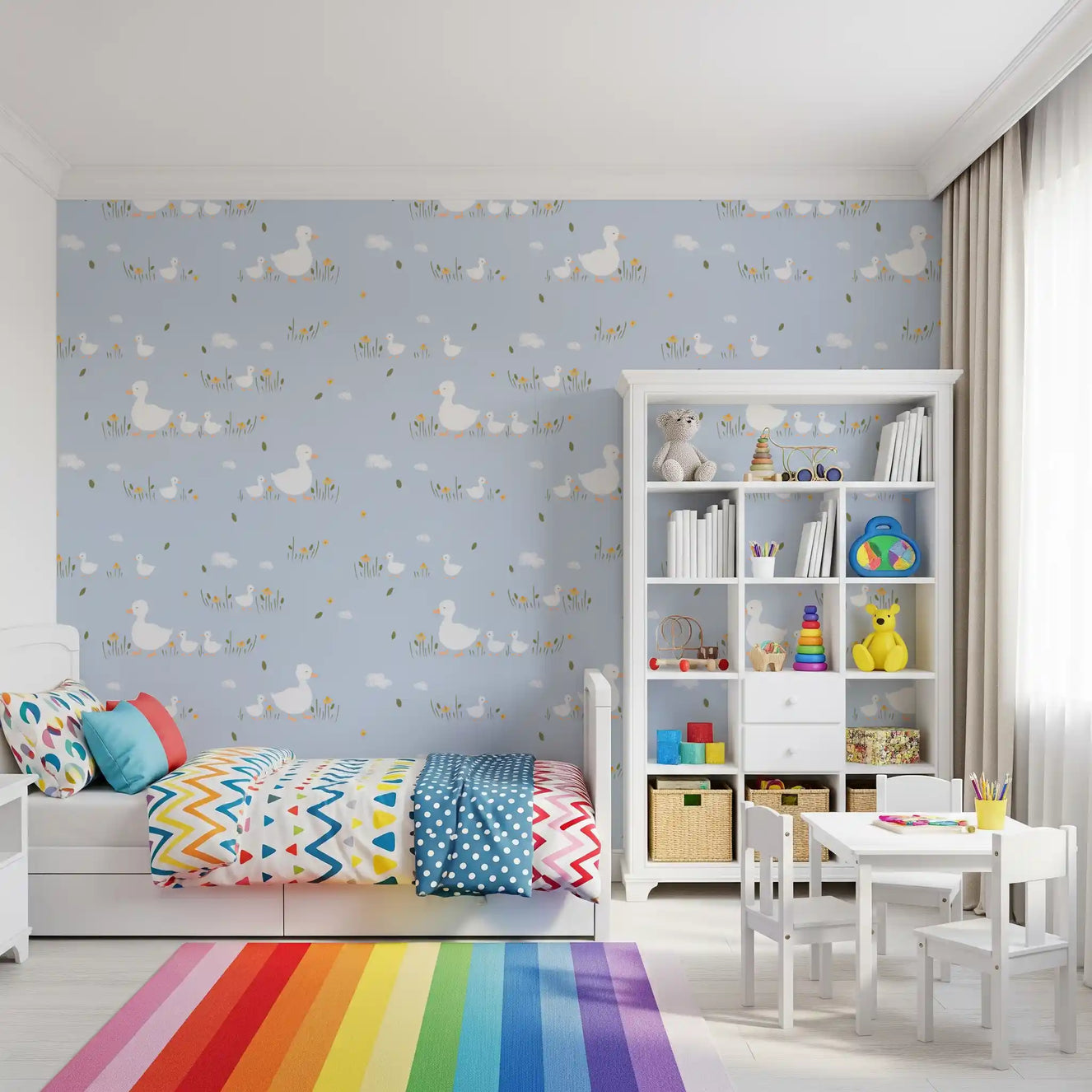 Baby ducklings wallpaper with yellow flowers on sky blue background.
