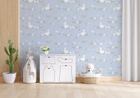 Sky blue duckling wallpaper featuring soft floral and cloud motifs.