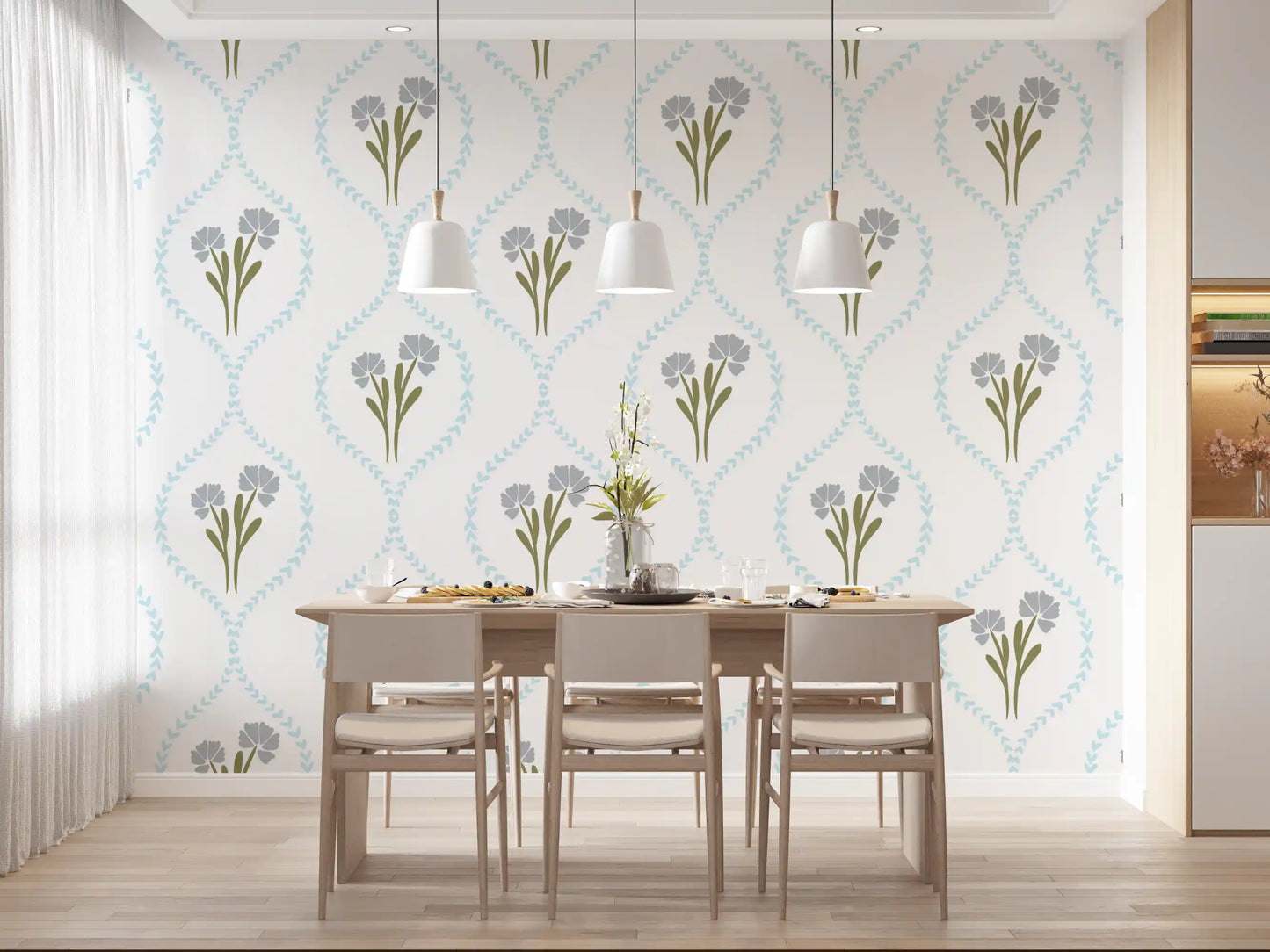 Pastel floral pattern wallpaper with v-shape chevron diamond outlines.