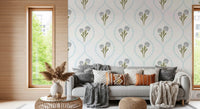 Pastel blue chevron wallpaper with diamond outline framing floral bouquet motif.