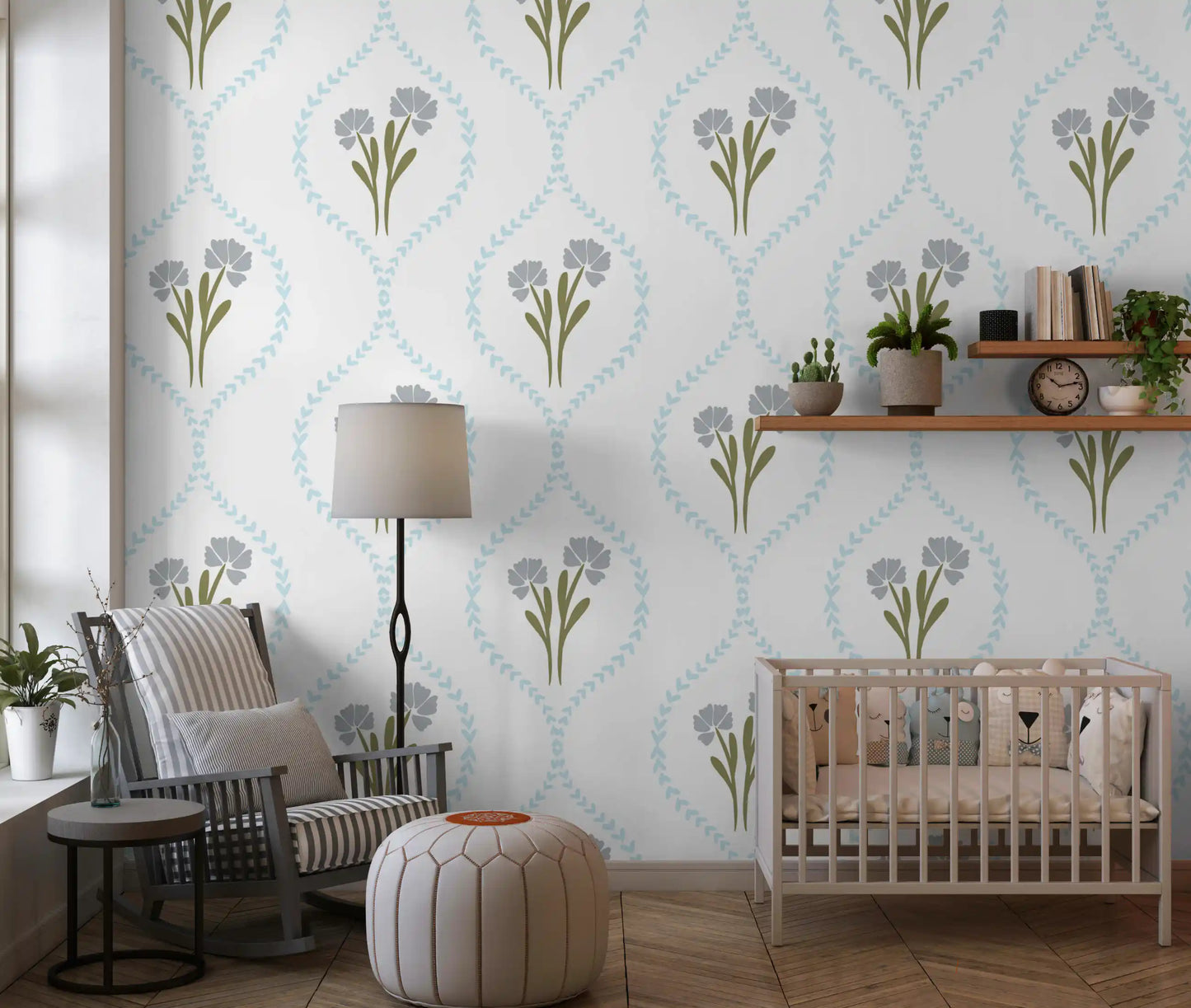 Botanical sprig pattern on bright white wallpaper background. 