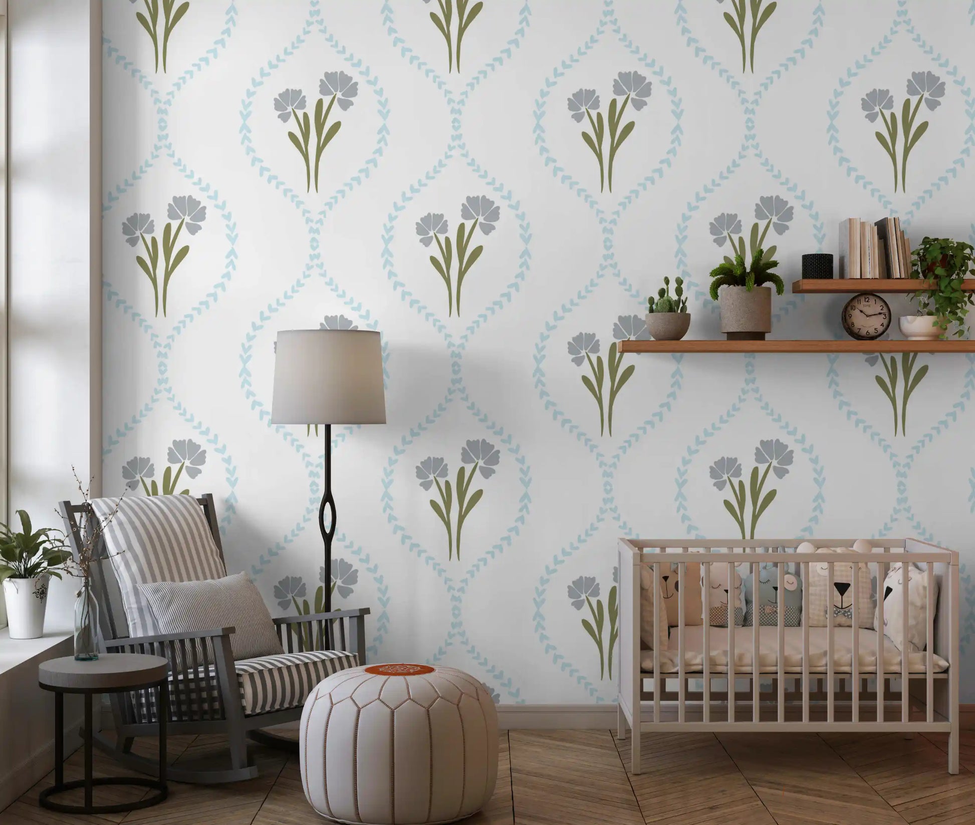 Botanical sprig pattern on bright white wallpaper background. 