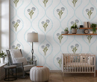 Botanical sprig pattern on bright white wallpaper background. 