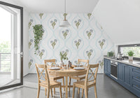 Dining room wall covered in blue cornflower diamond repeat wallpaper