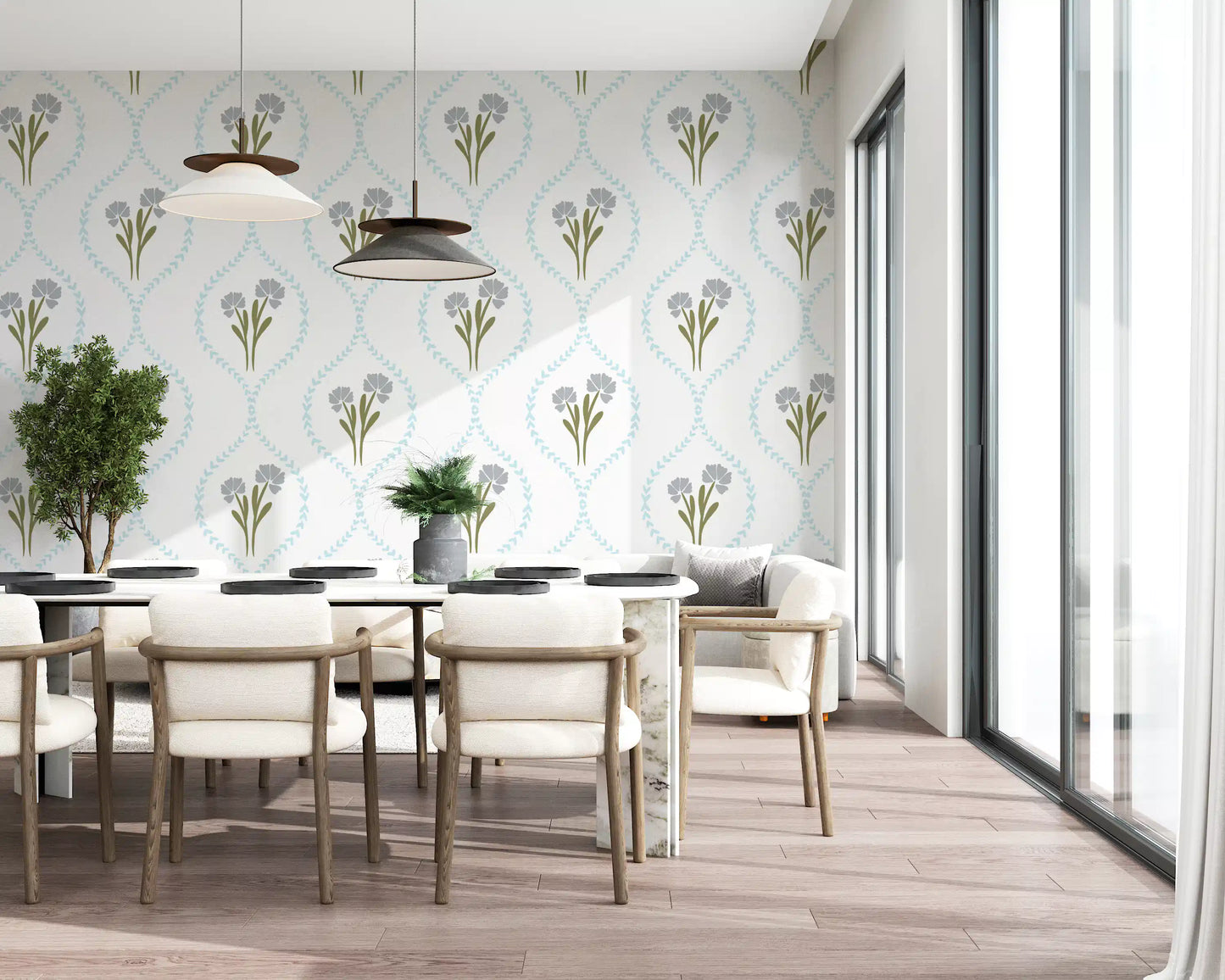 Grey-blue floral bouquet motif inside light blue chevron diamonds wallpaper for dining area.