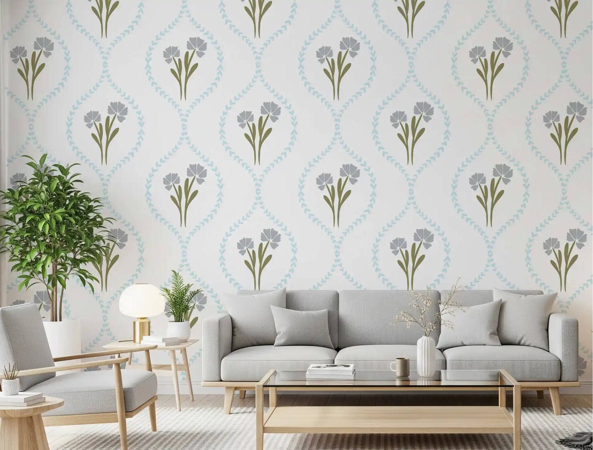 Blue cornflower wallpaper with pastel diamond trellis frames in living room.