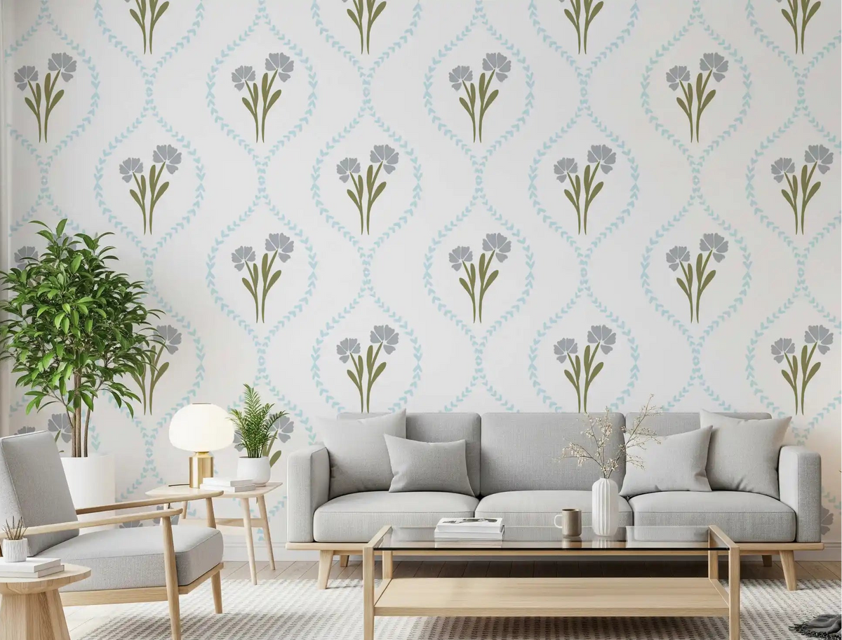Blue cornflower wallpaper with pastel diamond trellis frames in living room., GD10090