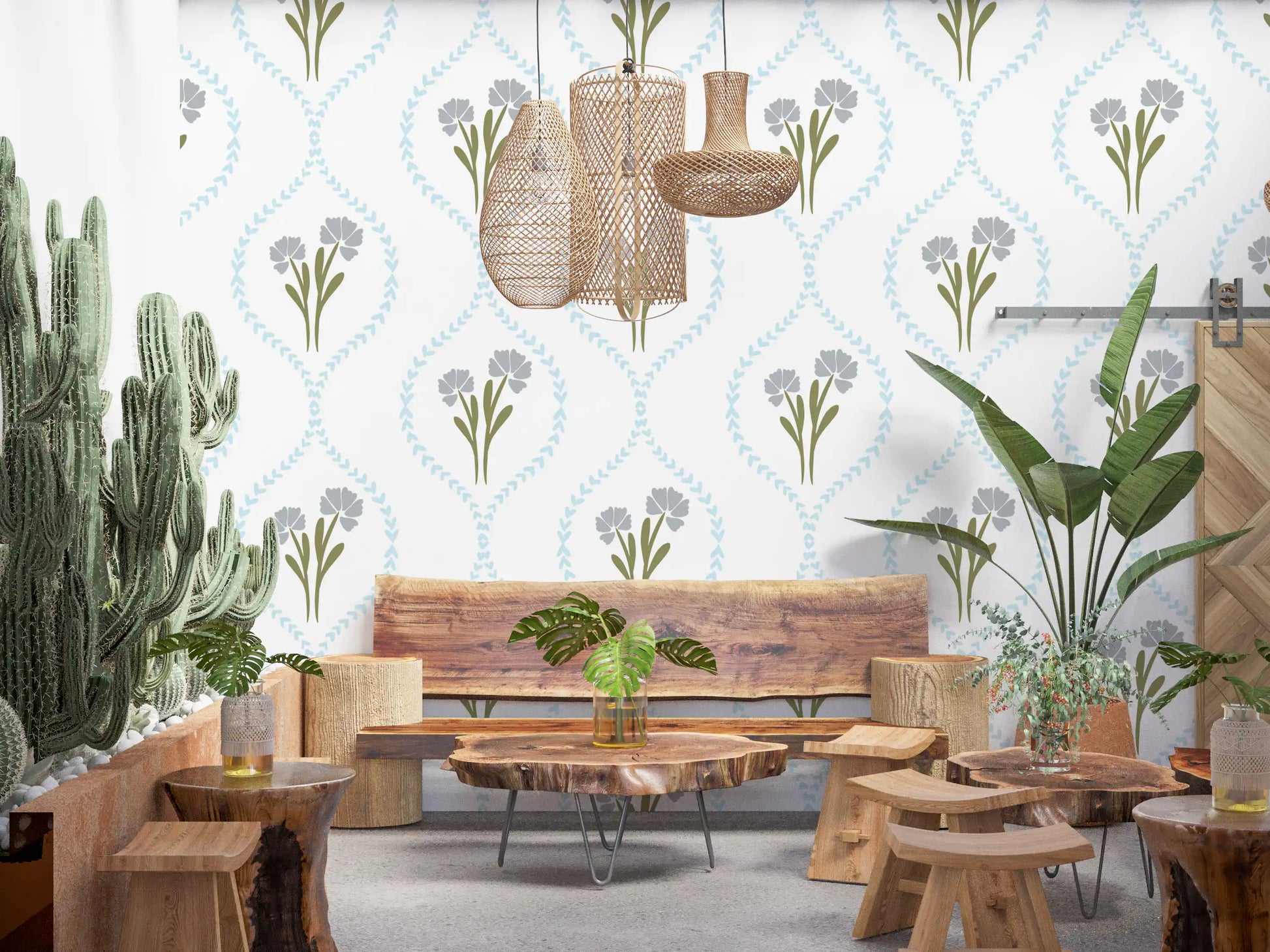 Petal cluster of grey-blue cornflowers wallpaper with slim olive leaves