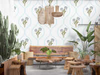 Petal cluster of grey-blue cornflowers wallpaper with slim olive leaves