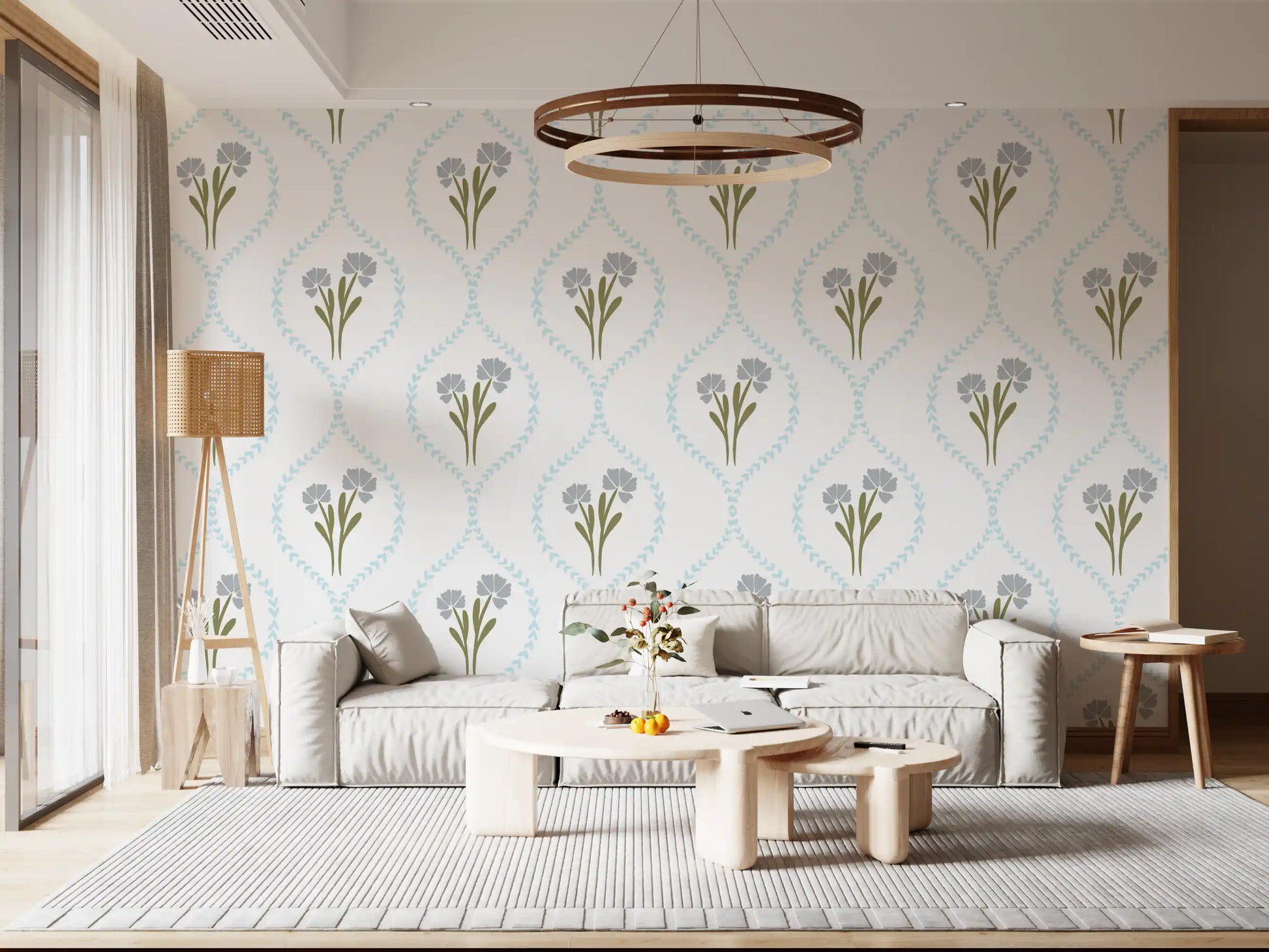 Cornflower bunch wallpaper with olive green stems on white repeat surface