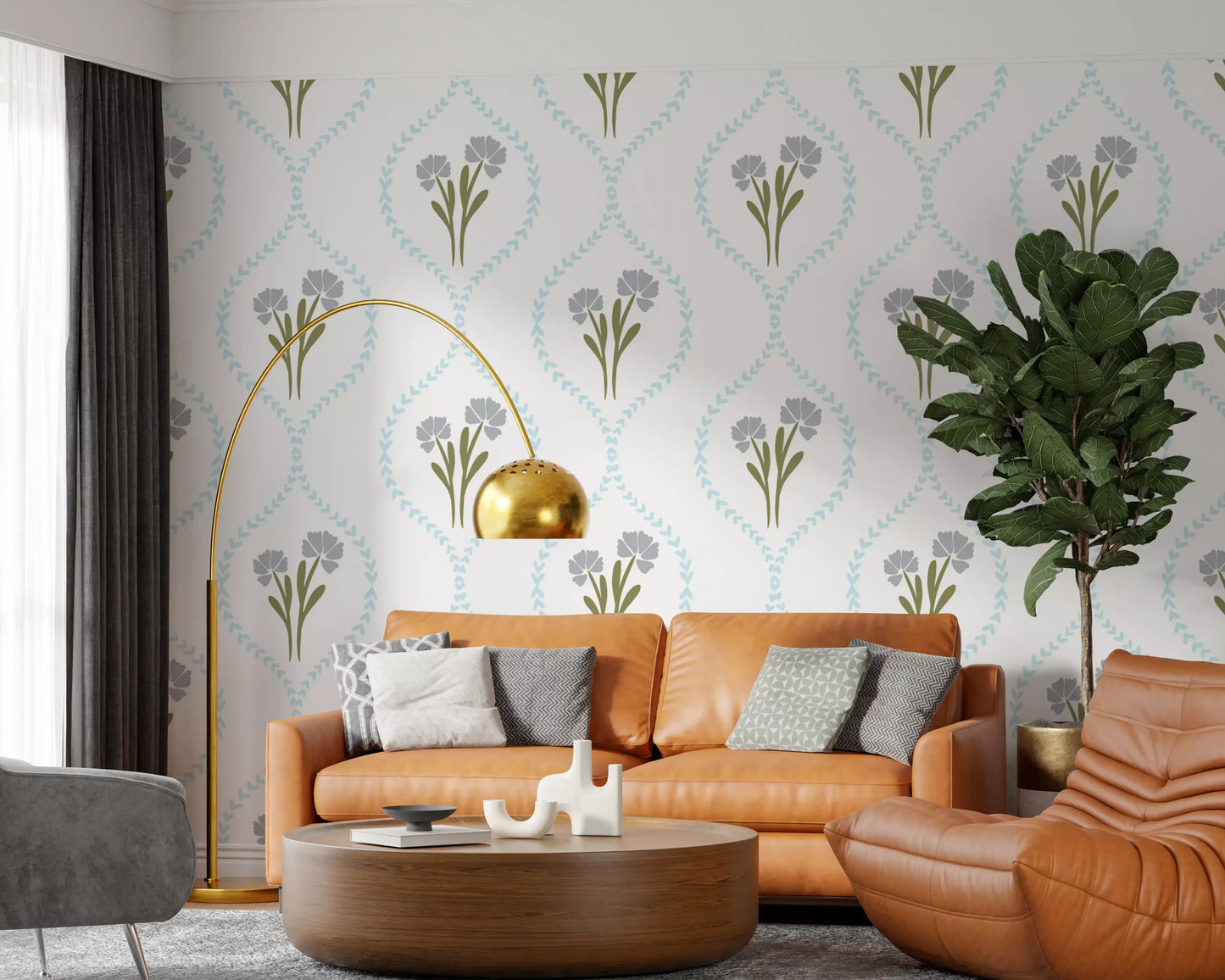 Living room wall with pastel cornflower trellis floral pattern wallpaper