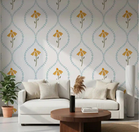 Living room wall in heart pattern wallpaper featuring sunny yellow blooms.