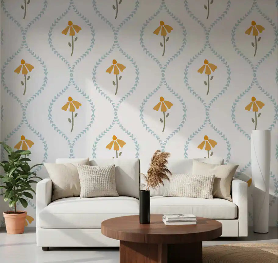 Living room wall in heart pattern wallpaper featuring sunny yellow blooms.