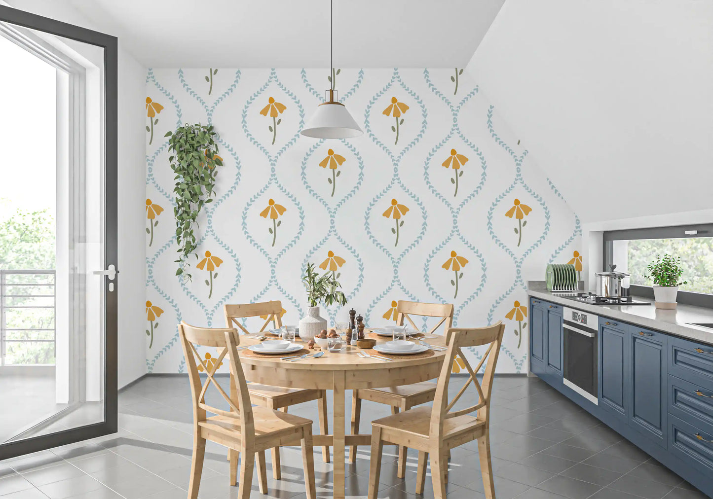 Dining room wall with pastel heart blossom wallpaper on a crisp white base