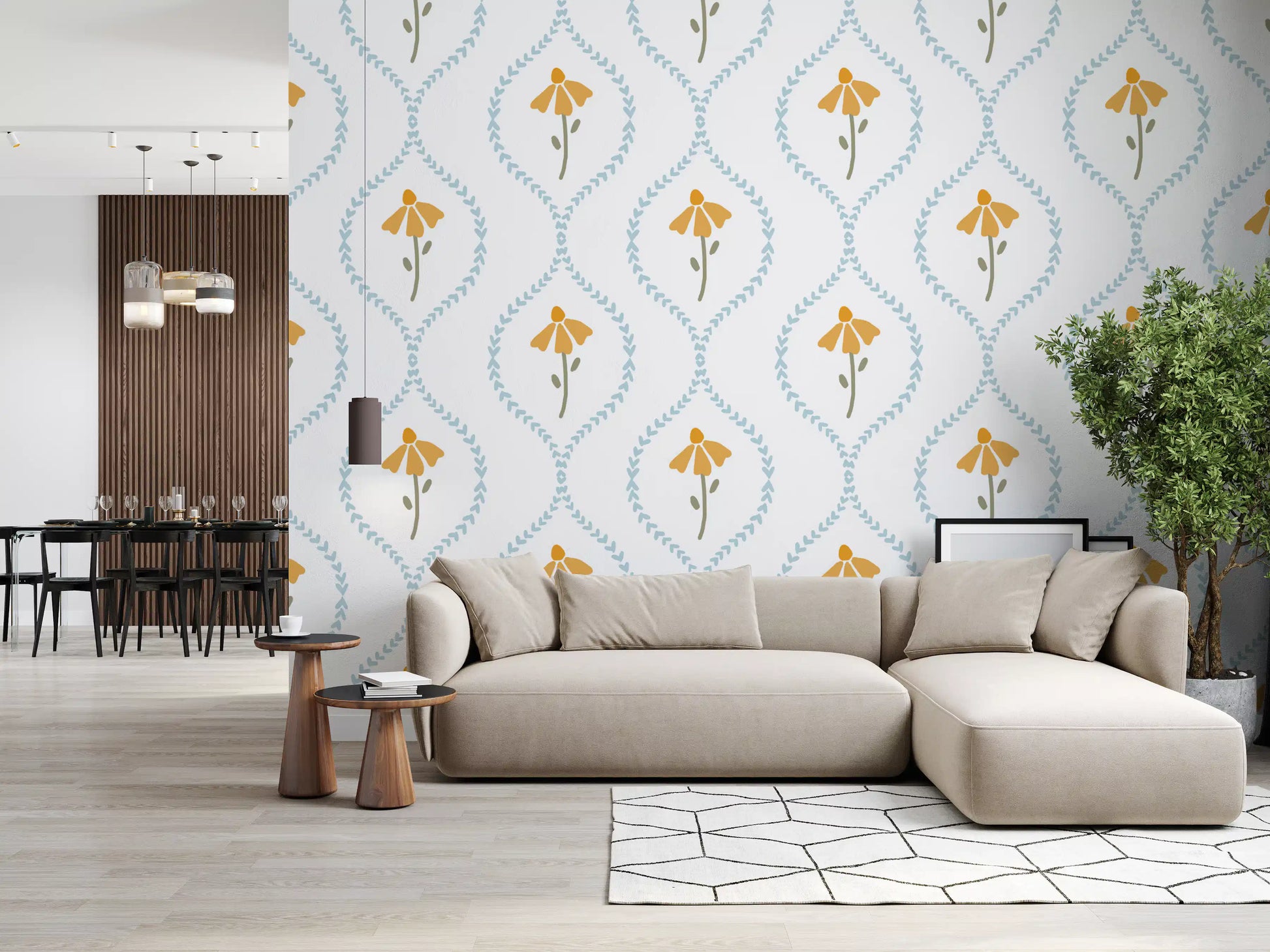 Tiny blue hearts and storybook yellow daisies wallpaper in living area.