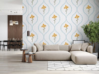 Tiny blue hearts and storybook yellow daisies wallpaper in living area.
