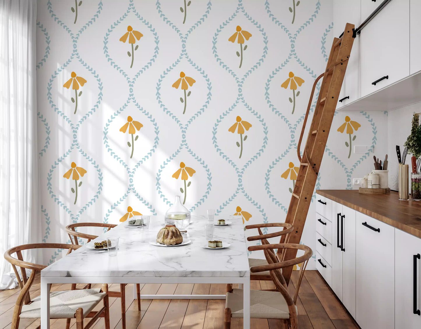 heart pattern wallpaper featuring soft pastel daisies.