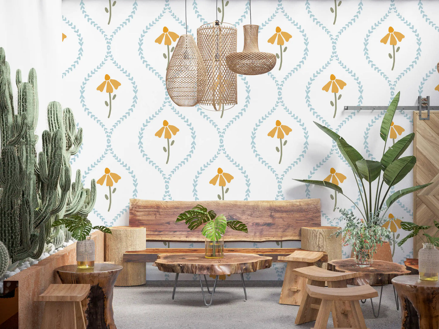 Sweet heart blossom wallpaper with olive stems and sage leaves.