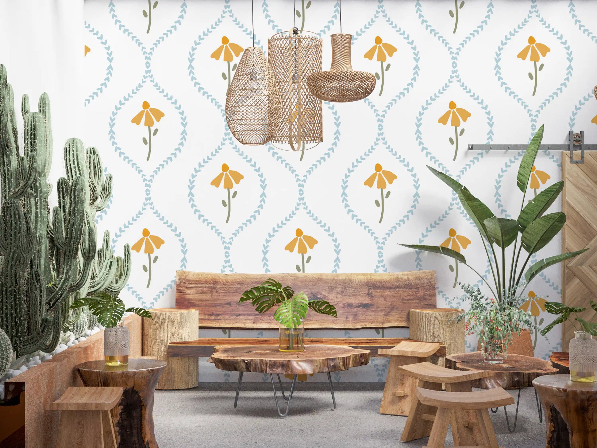 Sweet heart blossom wallpaper with olive stems and sage leaves.