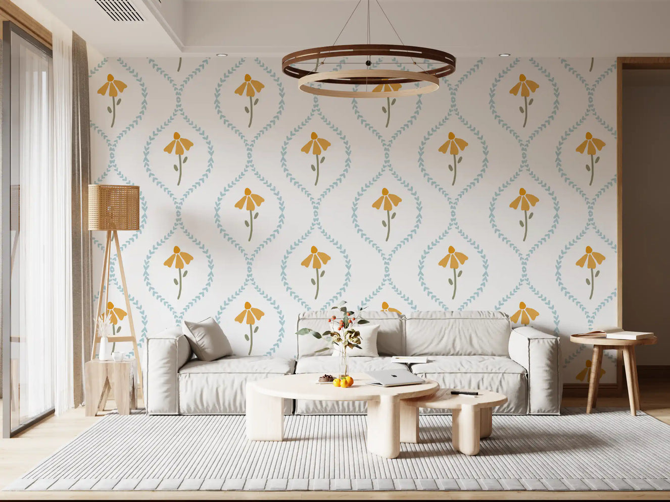 Blue heart diamonds wallpaper framing small daisy motifs in living room.