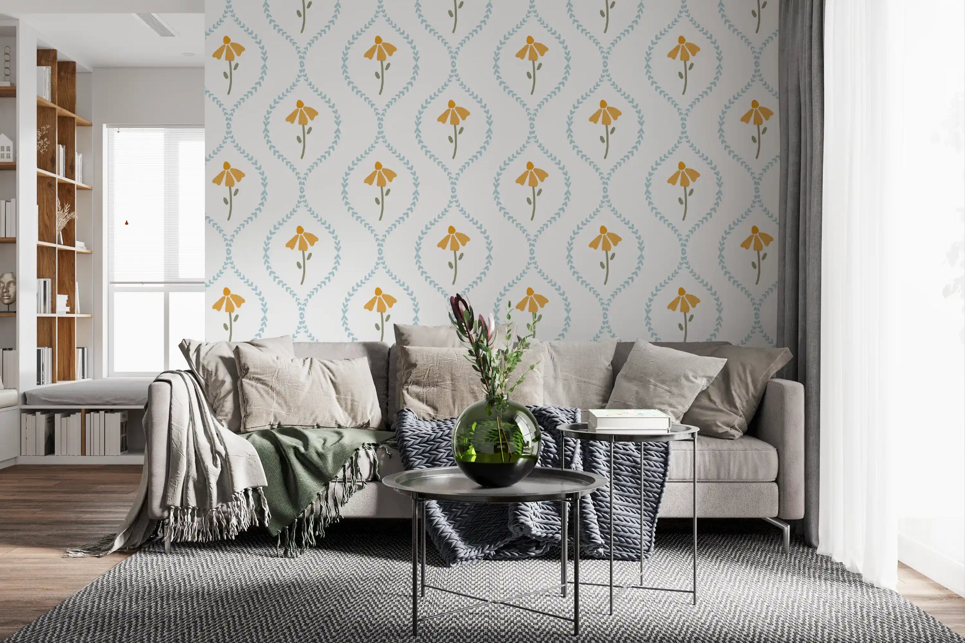 Sweet blossom wallpaper with diamond heart trellis pattern.