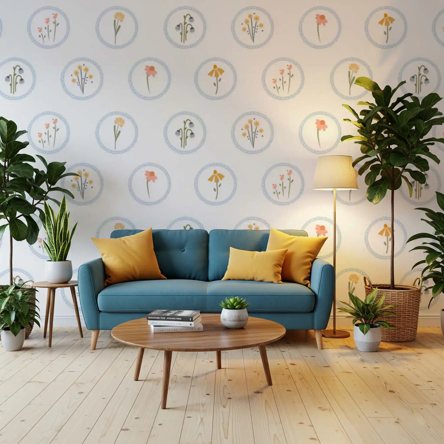 Pastel wildflower medallion pattern wallpaper with daisies tulips and bluebells.