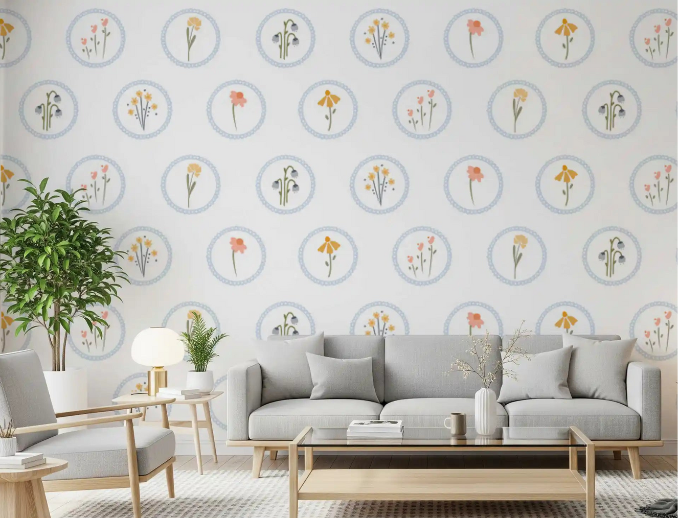Living room wallpaper with soft floral medallions in pink yellow and dusty blue 