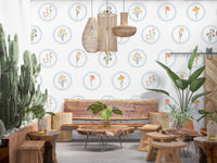 Country cottage wildflower wallpaper with scalloped medallion frames on white.
