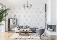 Hallway wallpaper showing pastel wildflowers framed by scalloped circle