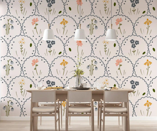 Victorian wildflowers wallpaper with scallop grid panels and stylised blooms in dining room.