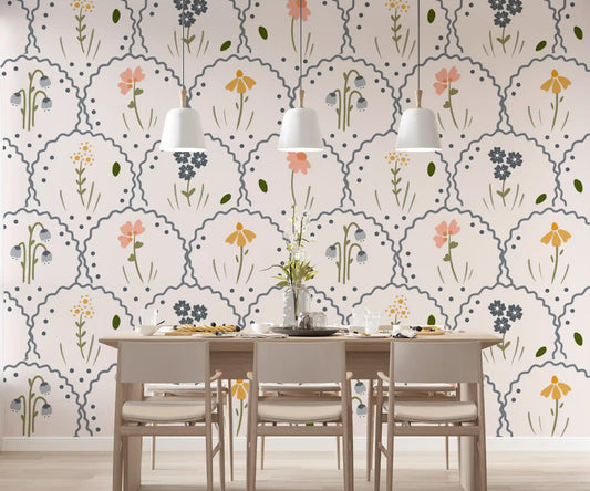 Victorian wildflowers wallpaper with scallop grid panels and stylised blooms in dining room.