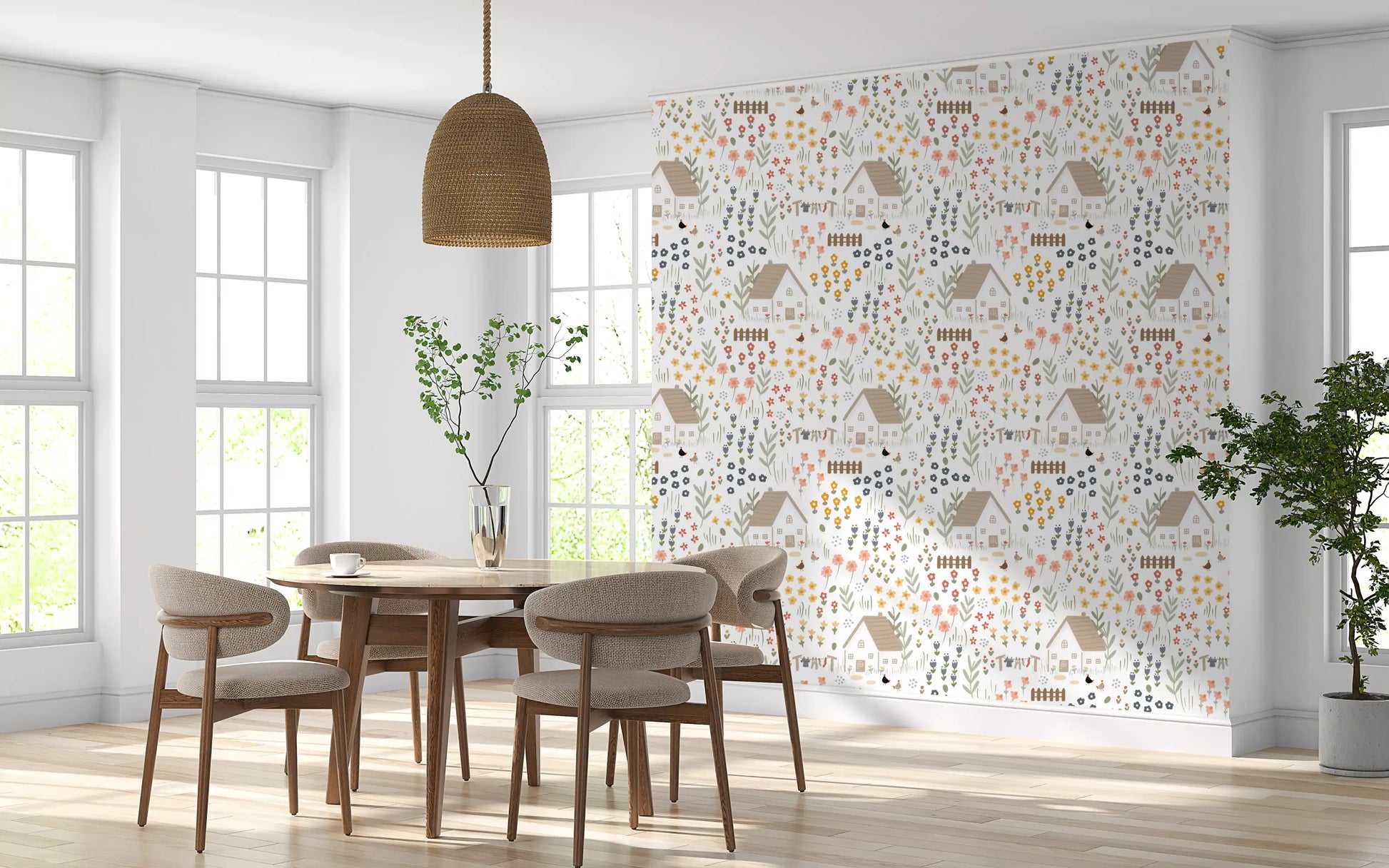 Cottage wallpaper showing fences, flower clusters, and walking chickens in dining room.