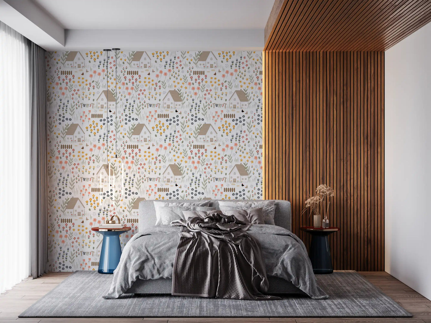 Whimsical garden wallpaper printed with hens, cottages, and rows in bedroom.