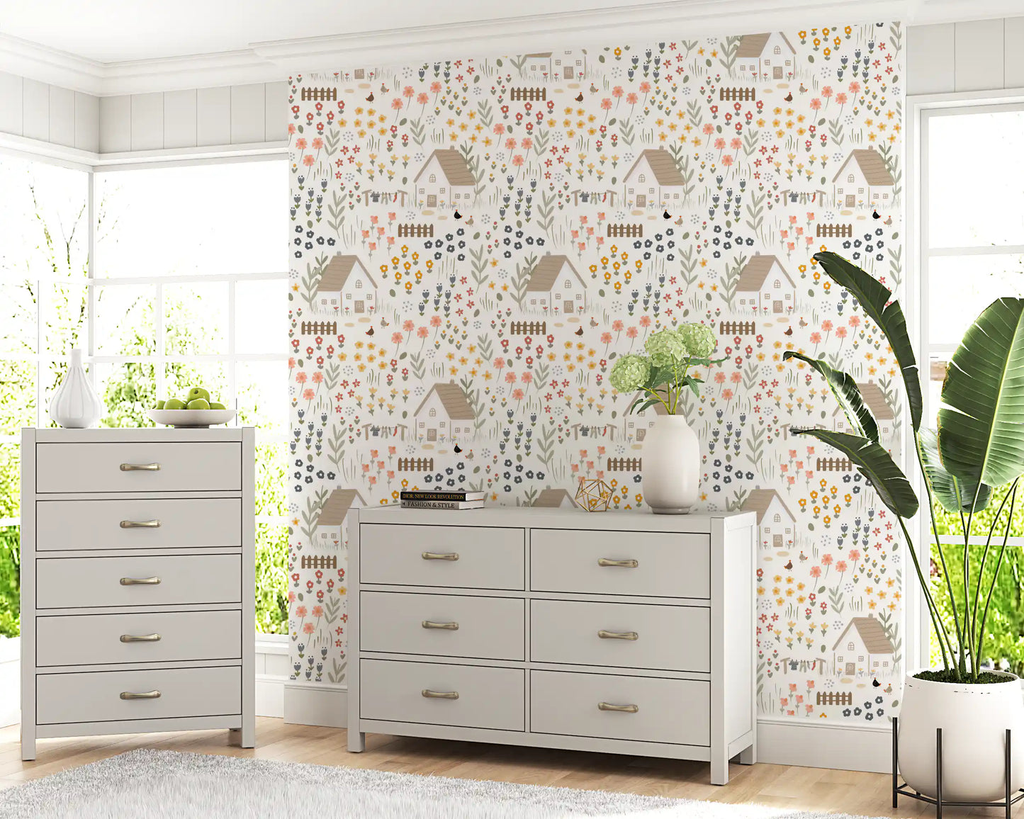 cottage wallpaper with thatched roofs, climbing stems, and scattered daisy heads.