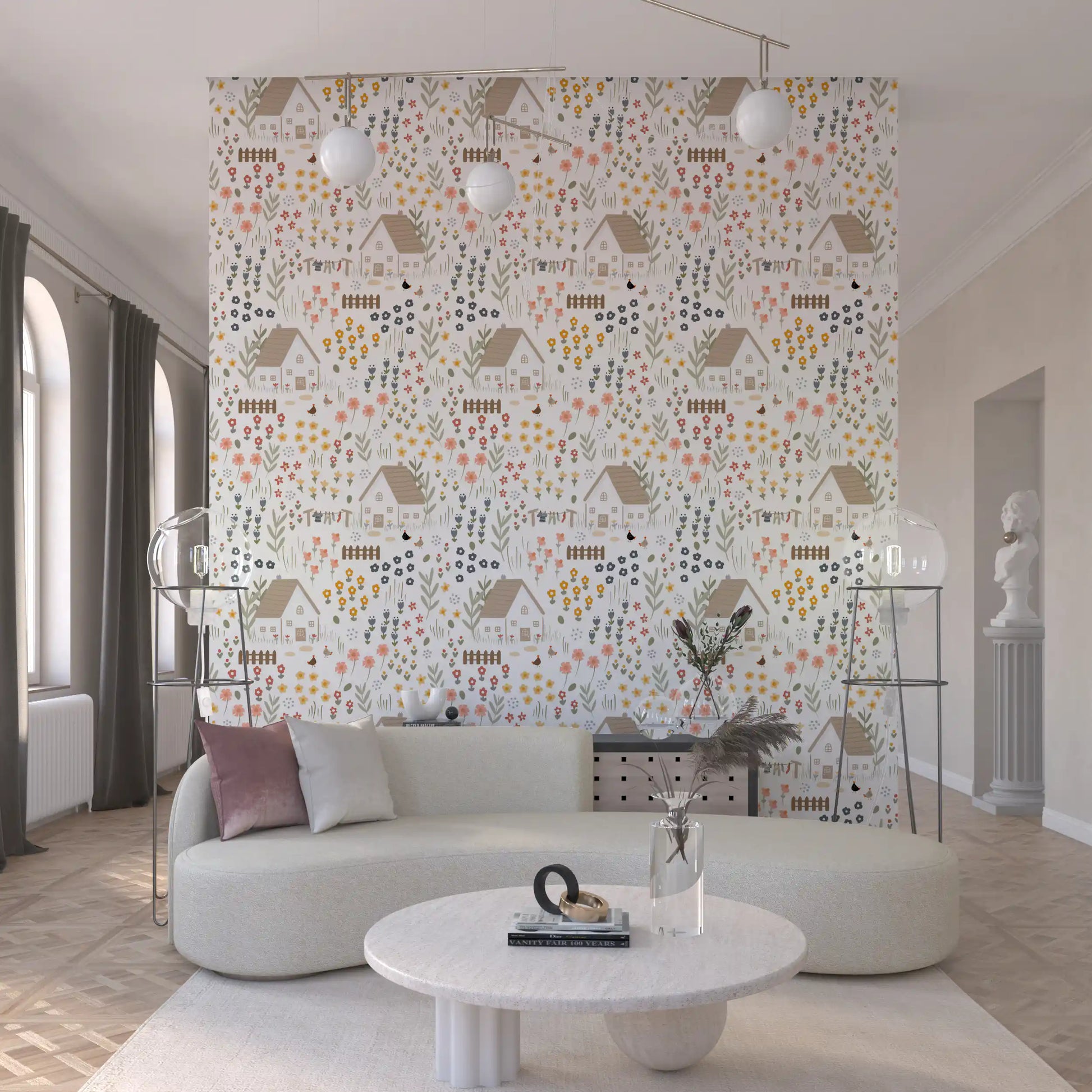 Playful cottage wallpaper holding mustard, coral, and slate florals on a white ground.