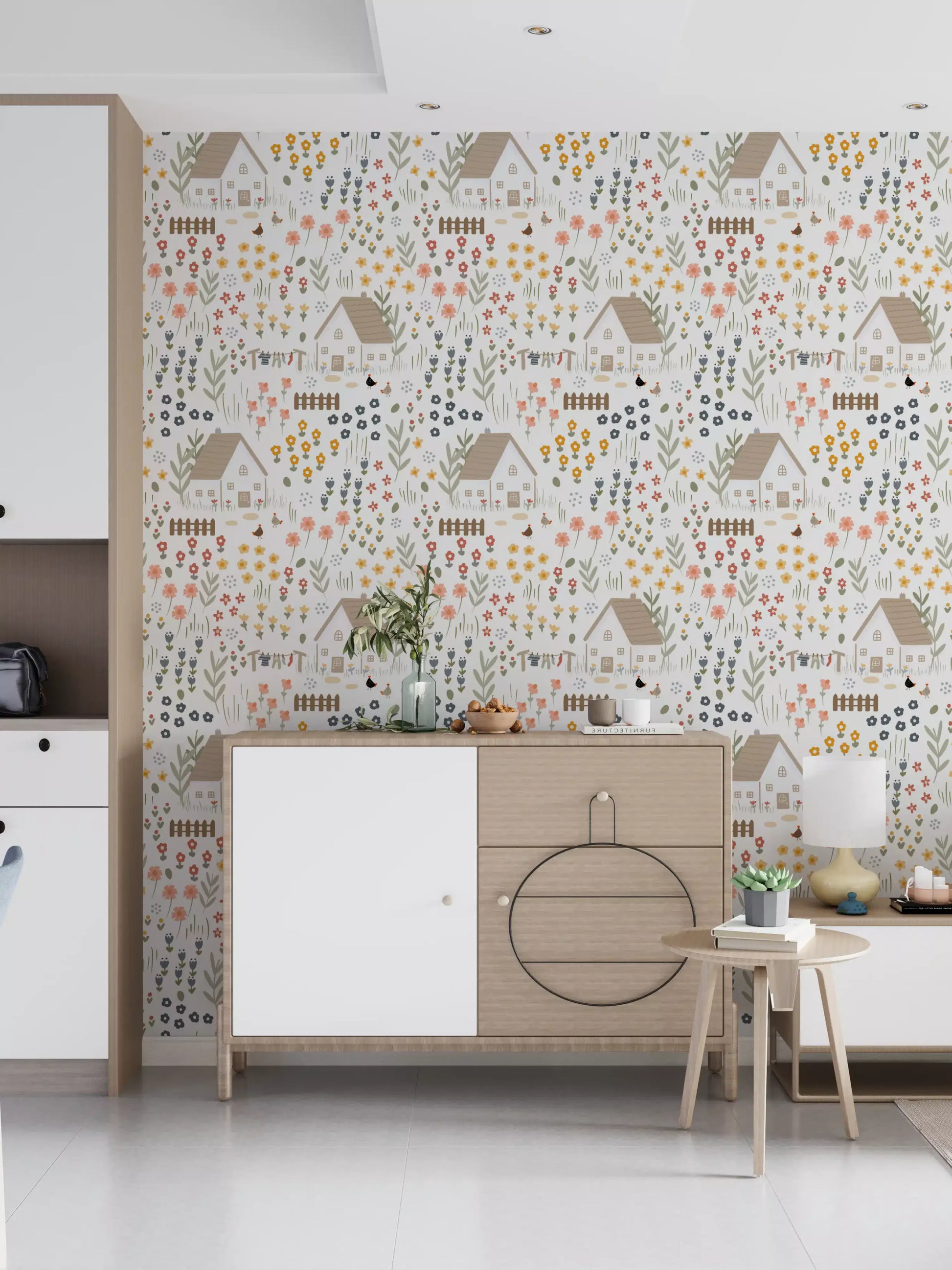 Floral cottage wallpaper printed with daisies, hens, and small herb stems in hallway.