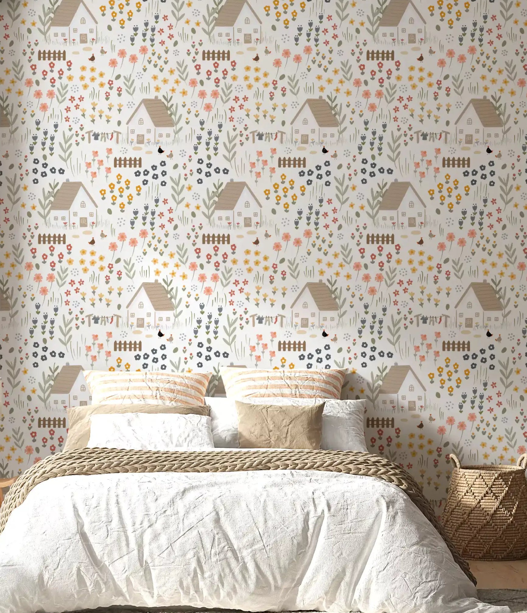Country cottage wallpaper with tiny thatched houses, flower, and roaming hens in bedroom., GD10094