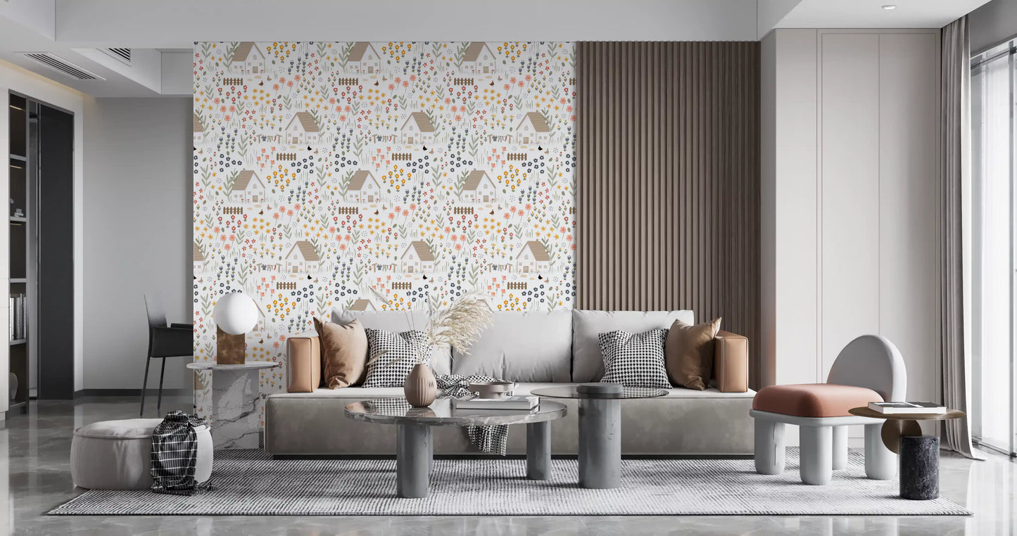 Country meadow wallpaper patterned with cottages, sprigs, and pale slate blossoms.